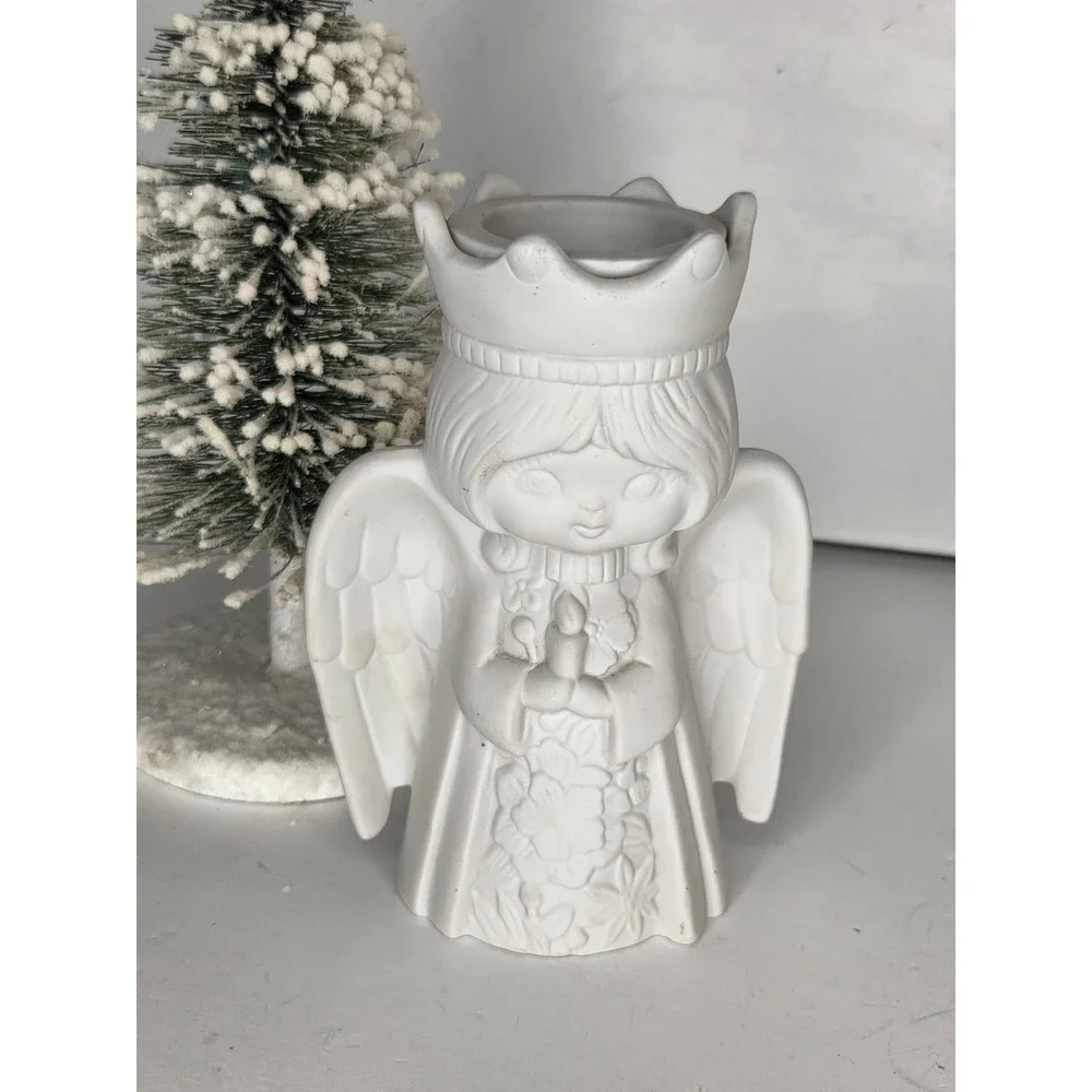 Vintage White Bisque Ceramic Angel Figurine Crown Candle Holder 6 Inch